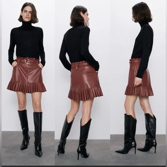 Zara black faux leather pleated/ruffle skirt - Picture 3 of 6